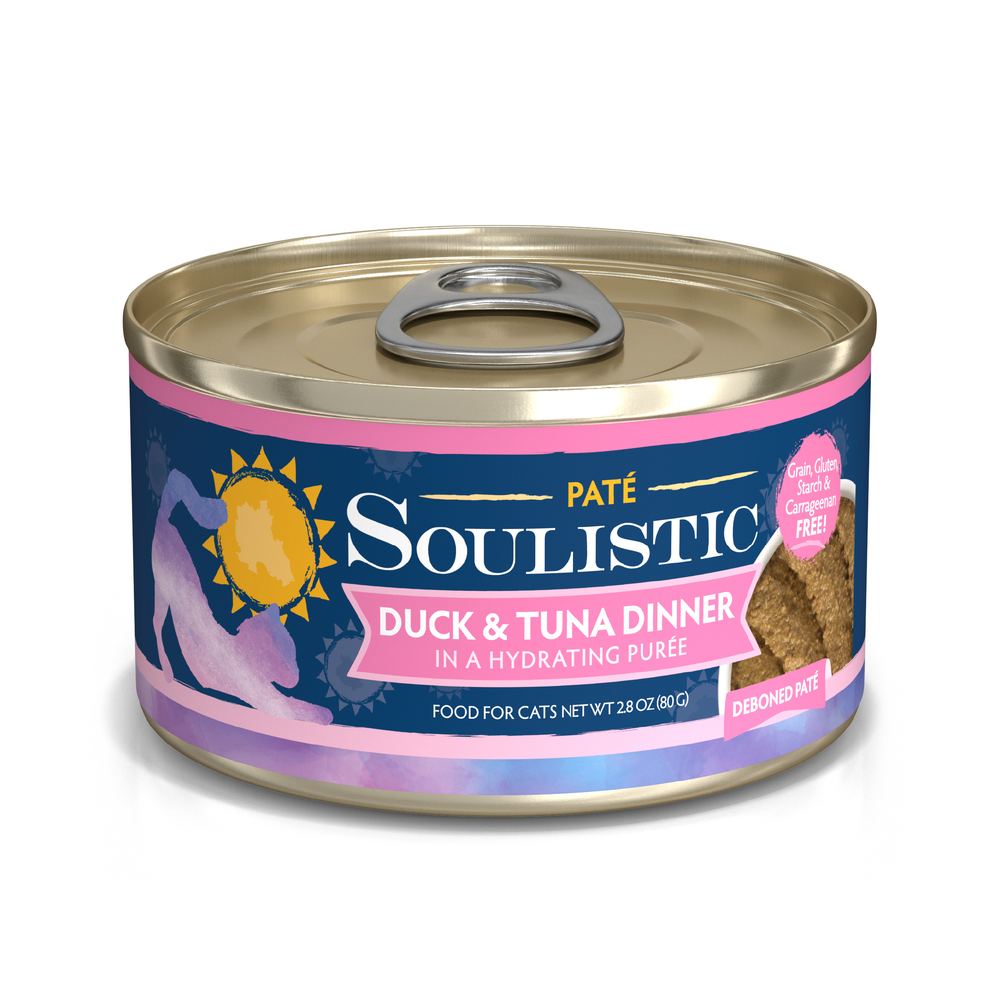 A can of Soulistic Duck & Tuna Dinner in a Hydrating Purée, a hydrating cat food made from cage-free duck.