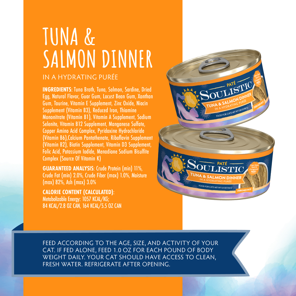 Two Soulistic Tuna & Salmon Dinner in a Hydrating Purée cans are displayed against an orange and white background, highlighting wild-caught tuna, hydrating purée, and ingredient and nutrition details in blue and orange panels.