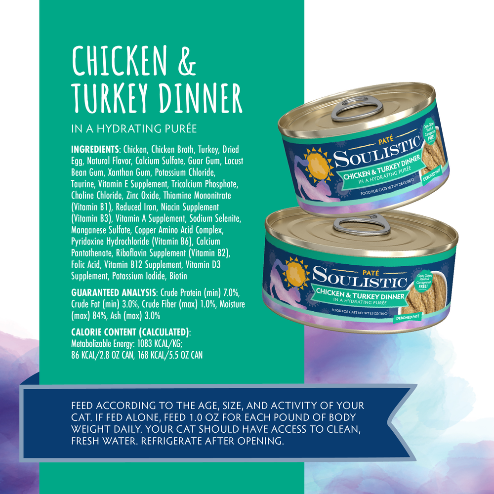 Two cans of Soulistic Chicken & Turkey Dinner in a Hydrating Purée sit on a green and white background. Text highlights boneless chicken, essential cat nutrition, full ingredients list, and feeding instructions for this hydrating paté.