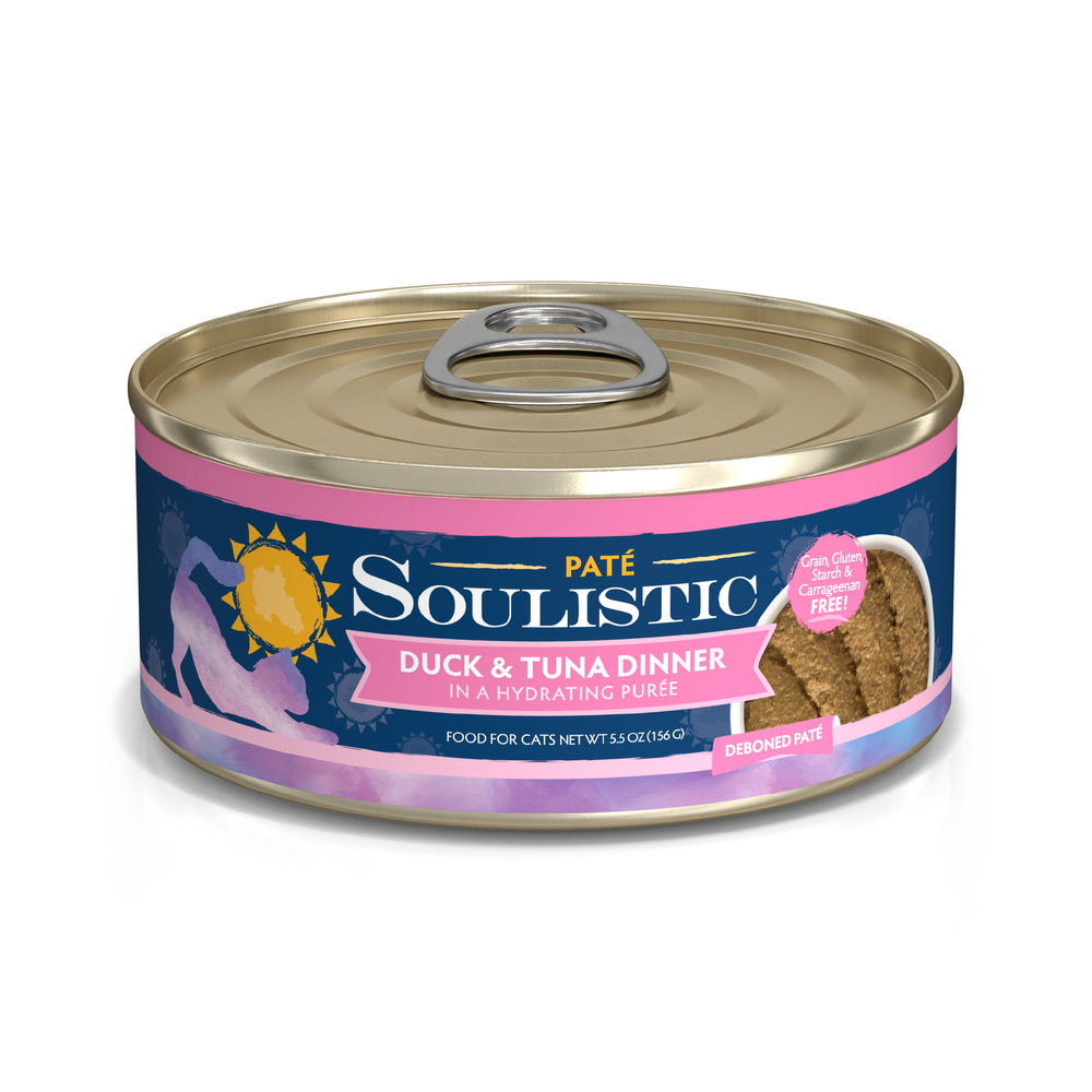Soulistic Duck & Tuna Dinner in a Hydrating Purée is cat food made with cage-free duck, packaged in a labeled can.
