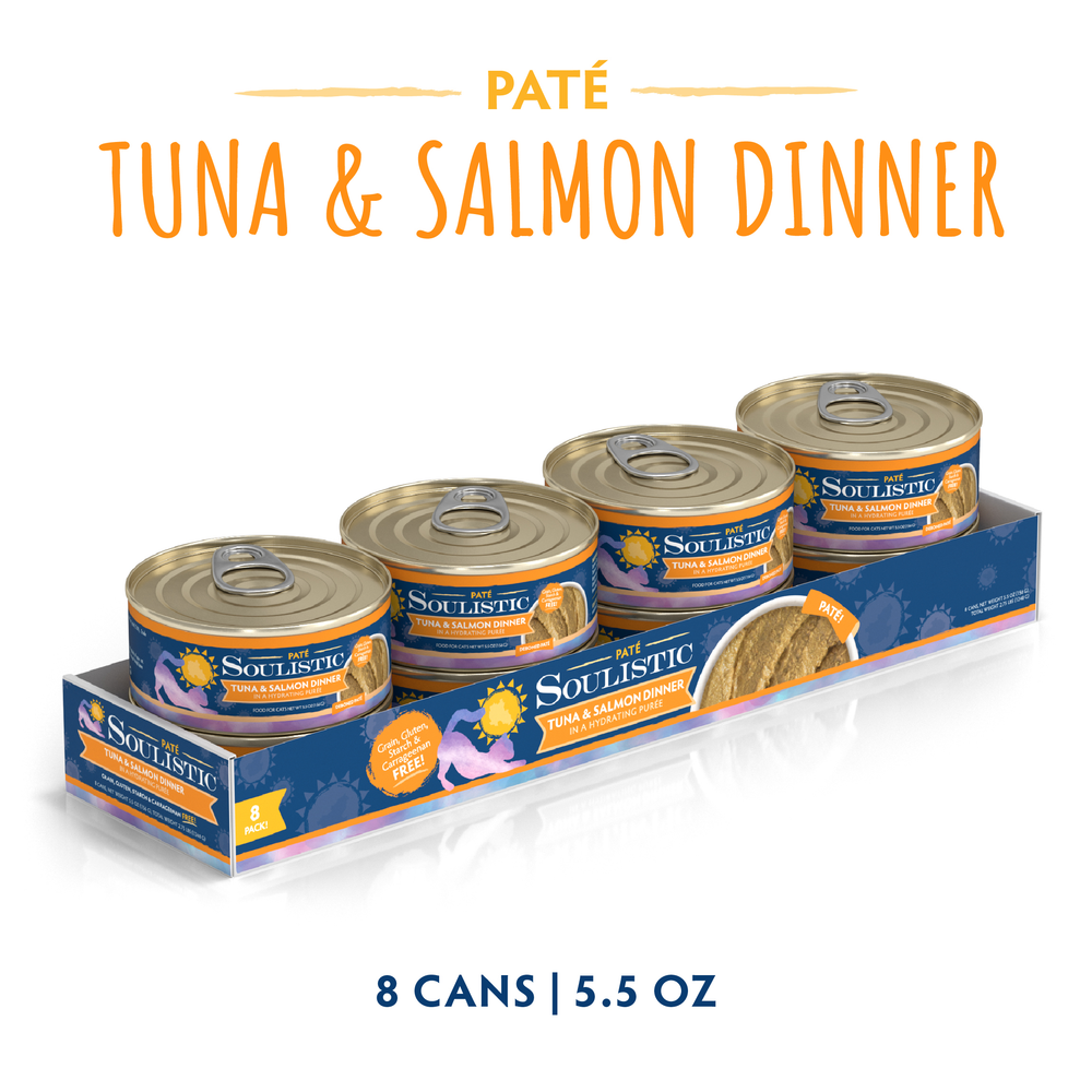 An 8-pack of Soulistic Tuna & Salmon Dinner in a Hydrating Purée, made with wild-caught tuna, in 5.5 oz cans. Comes in a colorful tray and is Grain, Gluten & MSG Free.