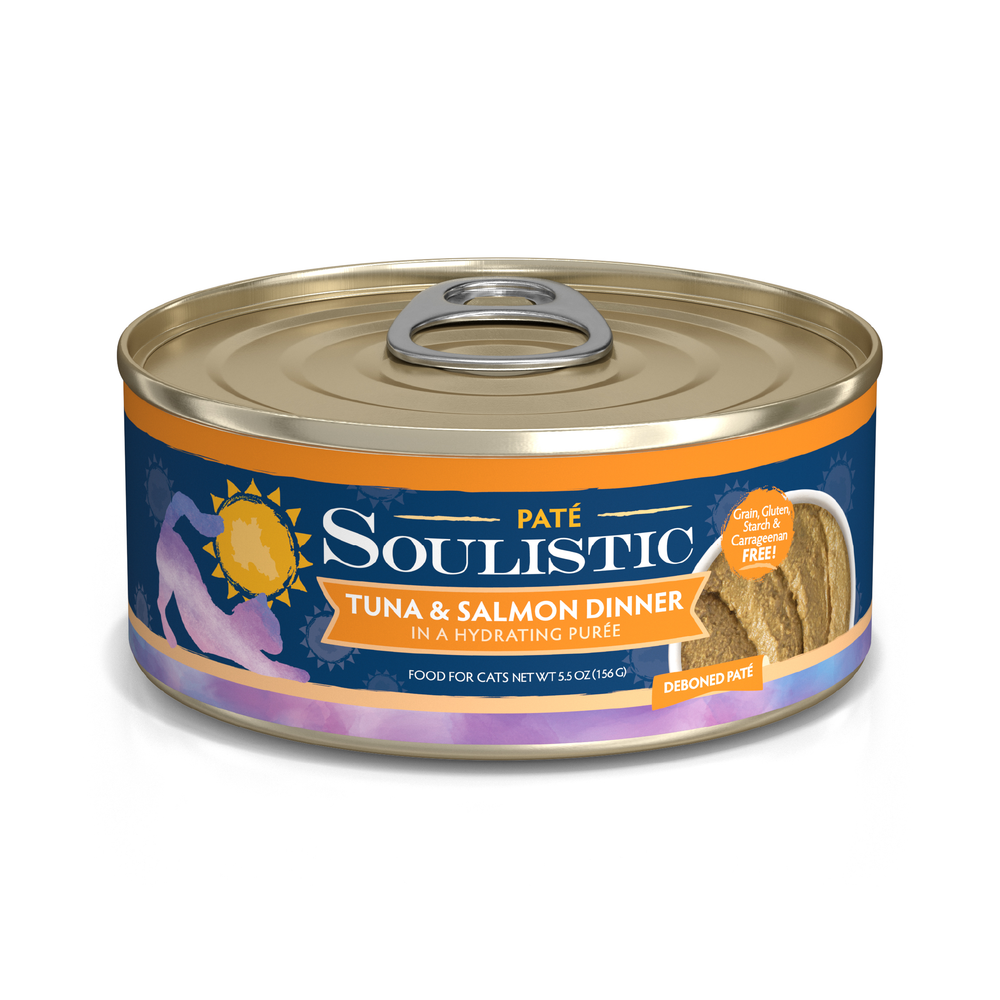 A can of Soulistic Tuna & Salmon Dinner in a Hydrating Purée cat food with a pull-tab lid, blue and gold label, and an image of the purée. Made with wild-caught tuna; grain, gluten, and carrageenan free for wholesome nutrition.
