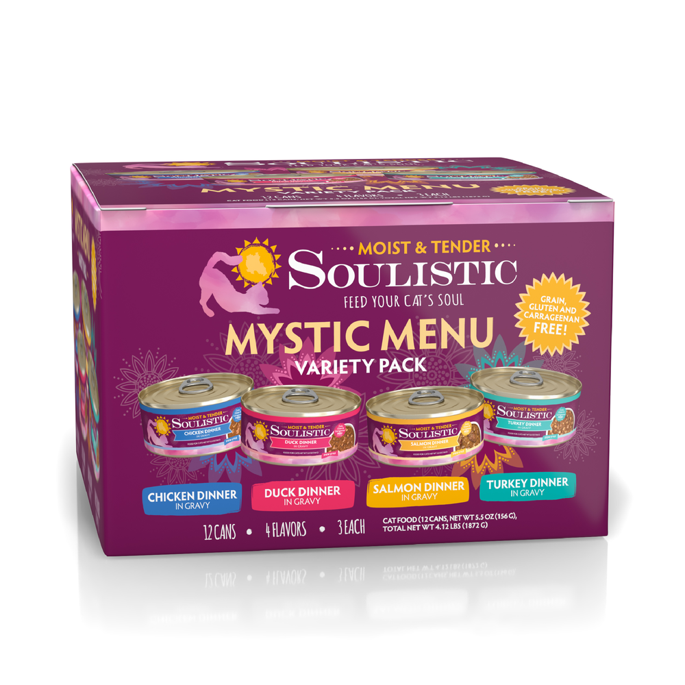 A 12-can purple box of Soulistic Mystic Menu cat food variety pack in chicken, duck, salmon & turkey flavors made with high-quality proteins. Packaging says grain, gluten & carrageenan free.