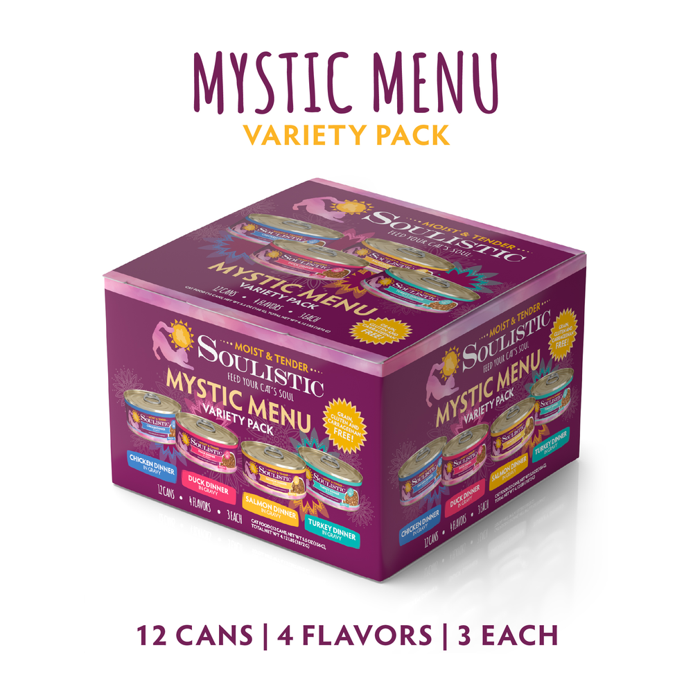 A purple box labeled Soulistic Mystic Menu Variety Pack contains 12 cans of cat food in 4 flavors, with wild-caught tuna and minced deboned meats, plus images of the cans and product details on the box.