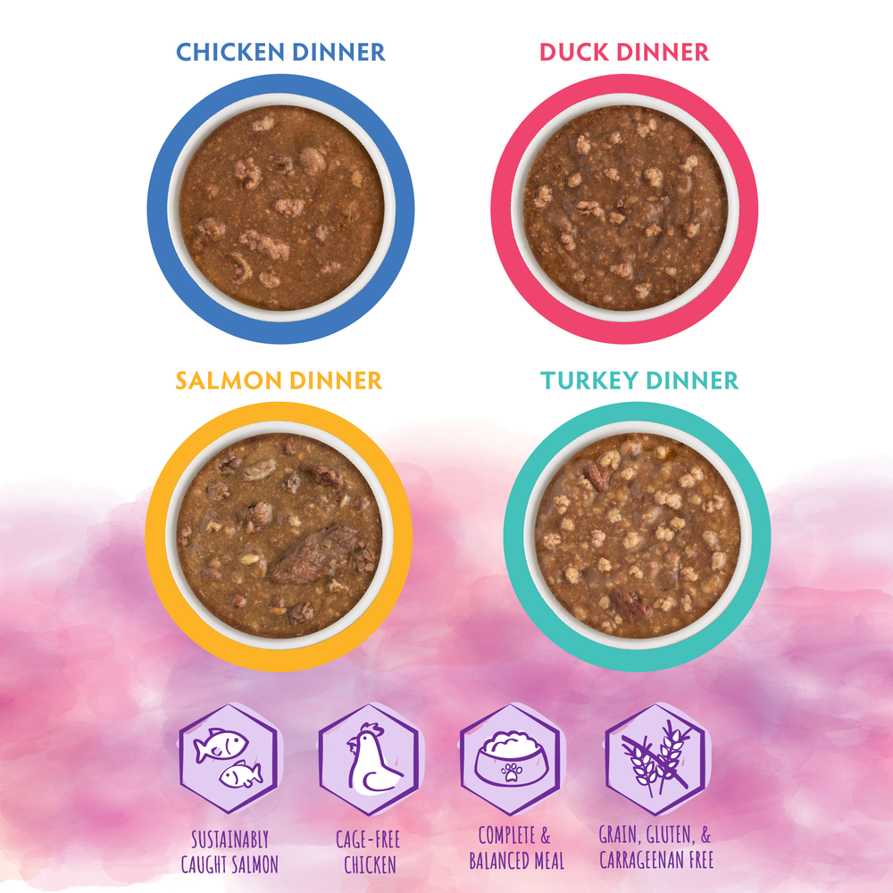 Four Soulistic Mystic Menu pet food bowls—Chicken Dinner, Duck Dinner, Salmon Dinner, and Turkey Dinner—feature minced deboned meats in balanced, sustainable recipes that are cage-free as well as grain- and gluten-free.