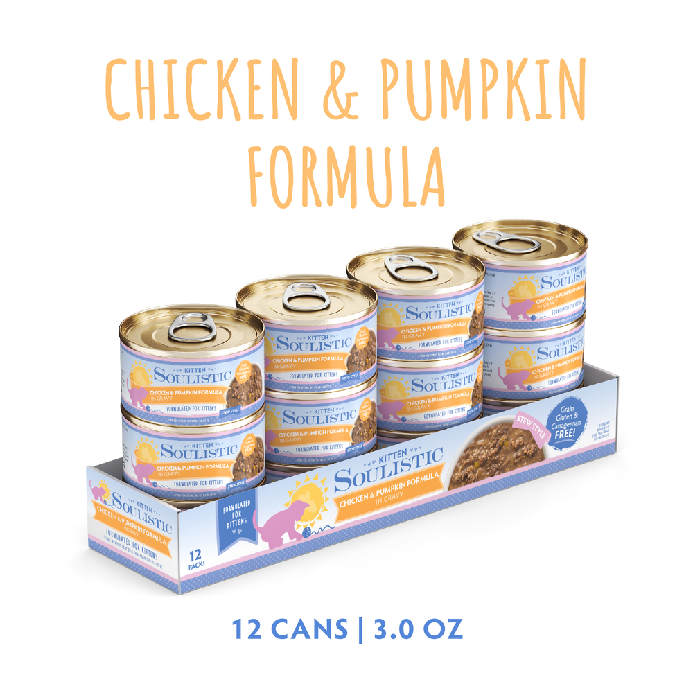 A 12-pack of Soulistic Chicken & Pumpkin Formula in Gravy wet cat food, each 3.0 oz can, comes in an open tray with blue and orange packaging, cat images, and highlights fiber-rich pumpkin for balanced nutrition.