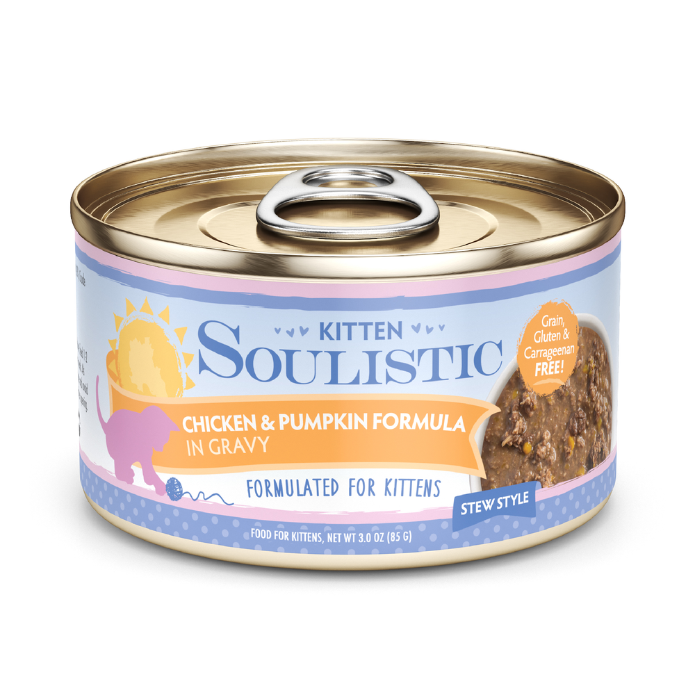 Soulistic Chicken & Pumpkin Formula in Gravy offers balanced nutrition for kittens, with fiber-rich pumpkin. This grain, gluten, and carrageenan free stew features appetizing food on the label and is specially formulated for kittens.