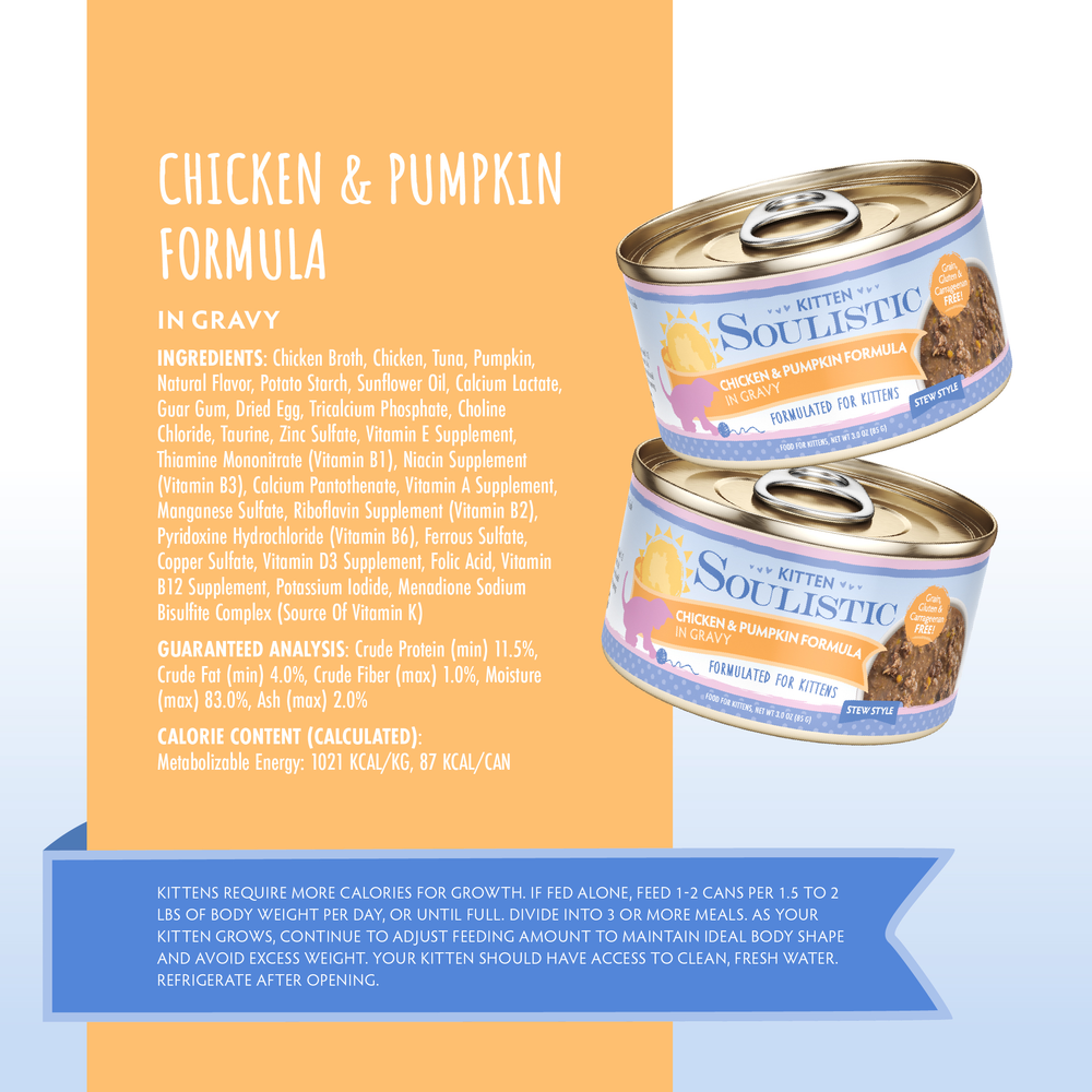 Two cans of Soulistic Chicken & Pumpkin Formula in Gravy kitten food are displayed, featuring balanced nutrition, fiber-rich pumpkin, nutritional facts, feeding instructions for kittens, and calories. Background is yellow and blue.