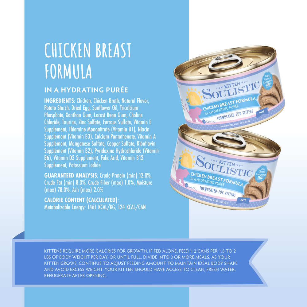 Two cans of Soulistic Chicken Breast Formula in Hydrating Purée are shown above product details, ingredients, nutritional analysis, and feeding guidelines on a blue and white background.