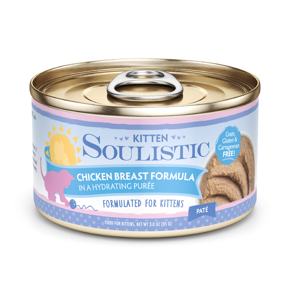 A can of Soulistic Chicken Breast Formula in Hydrating Purée kitten food, made with cage-free chicken, is grain, gluten, and carrageenan free. The label is light blue and purple with images of a kitten, chicken, and food.