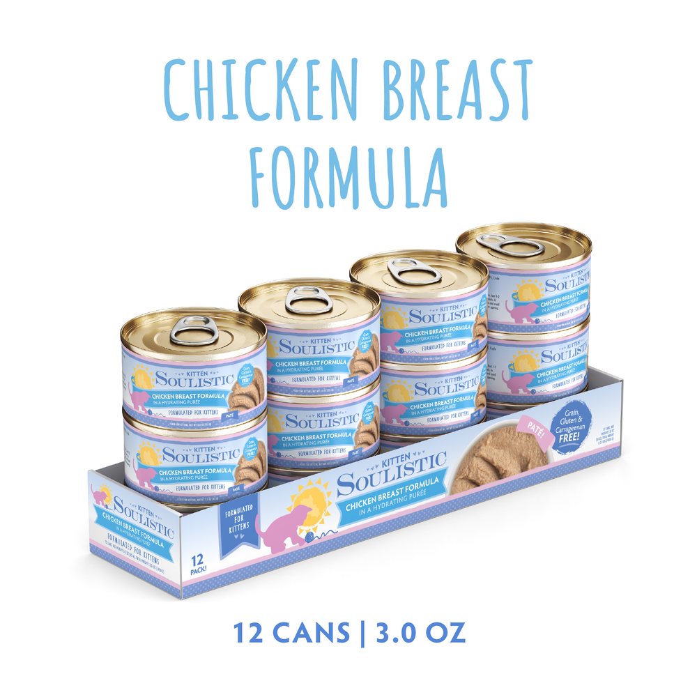 A tray holds 12 cans of Soulistic Chicken Breast Formula in Hydrating Purée, each 3.0 oz with vibrant labels and “CHICKEN BREAST FORMULA” text above, offering a smooth, hydrating texture perfect for kittens.