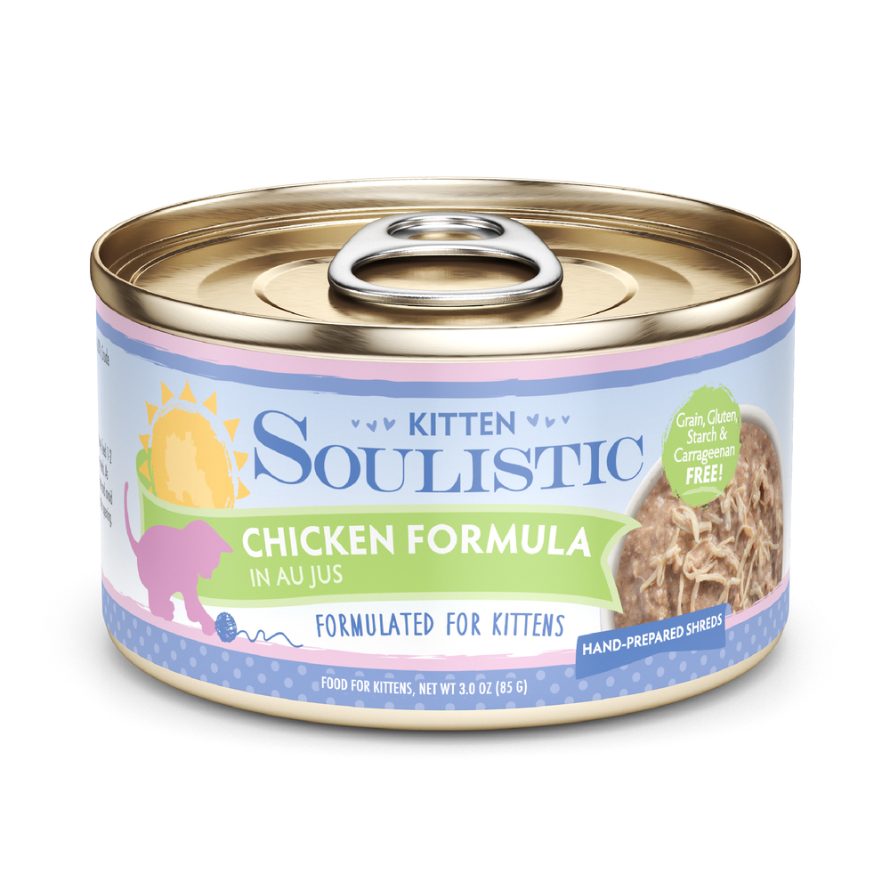 A can of Soulistic Chicken Formula in Au Jus kitten food, with a light purple and blue label featuring a kitten, supports healthy growth and is free from grain, gluten, starch, and carrageenan.