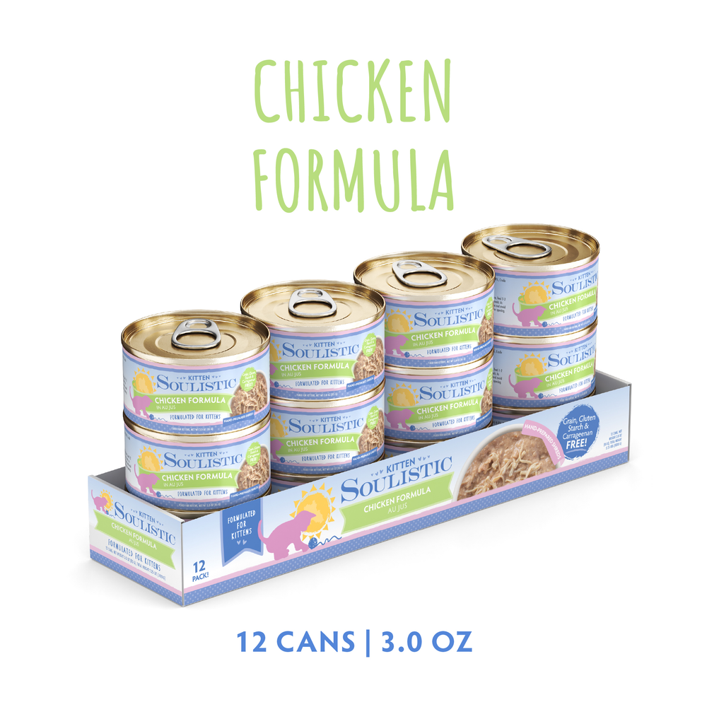 A 12-pack tray of Soulistic Chicken Formula in Au Jus for kittens, with each 3.0 oz can featuring colorful “Grain Free” and “Chicken Formula” labels, supporting healthy growth with real chicken au jus.