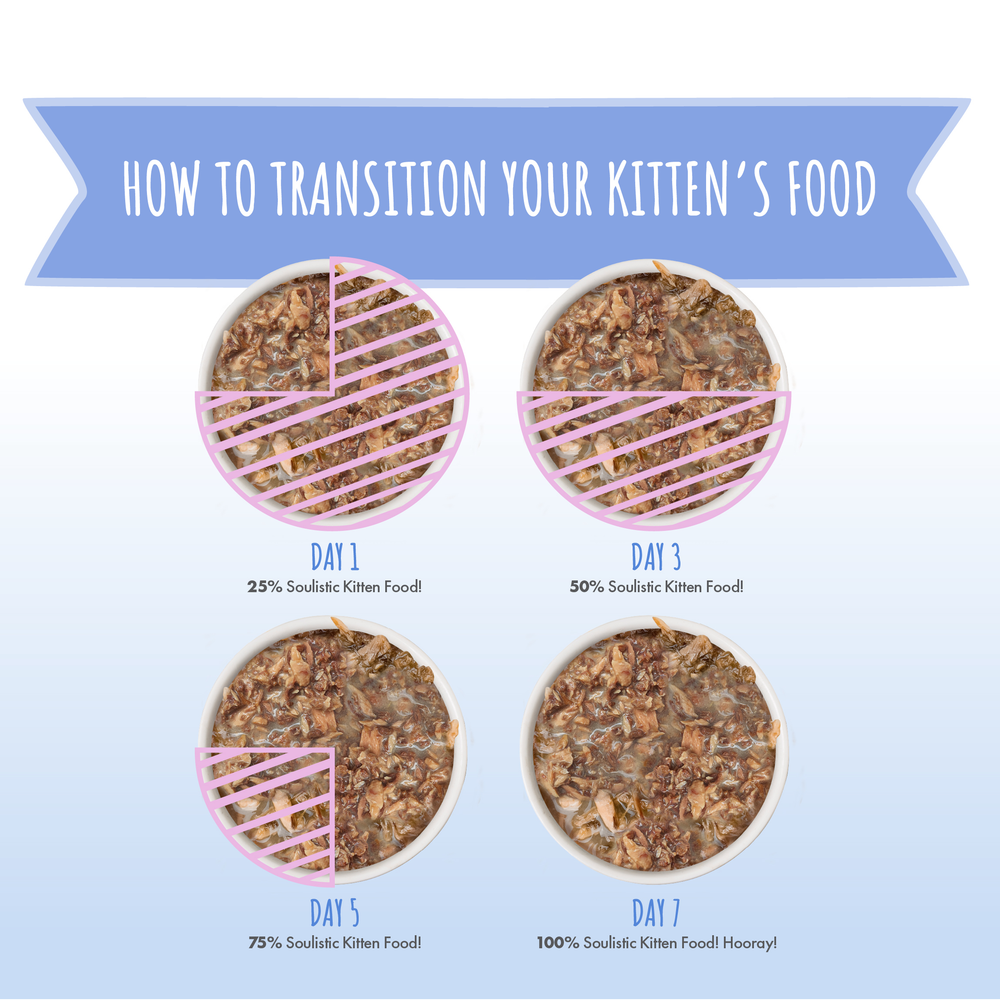 A guide with four bowls showing increasing amounts of Soulistic Chicken Formula in Au Jus for kittens—day 1 (25%), day 3 (50%), day 5 (75%), and day 7 (100%)—to help transition to their new food and support healthy growth.