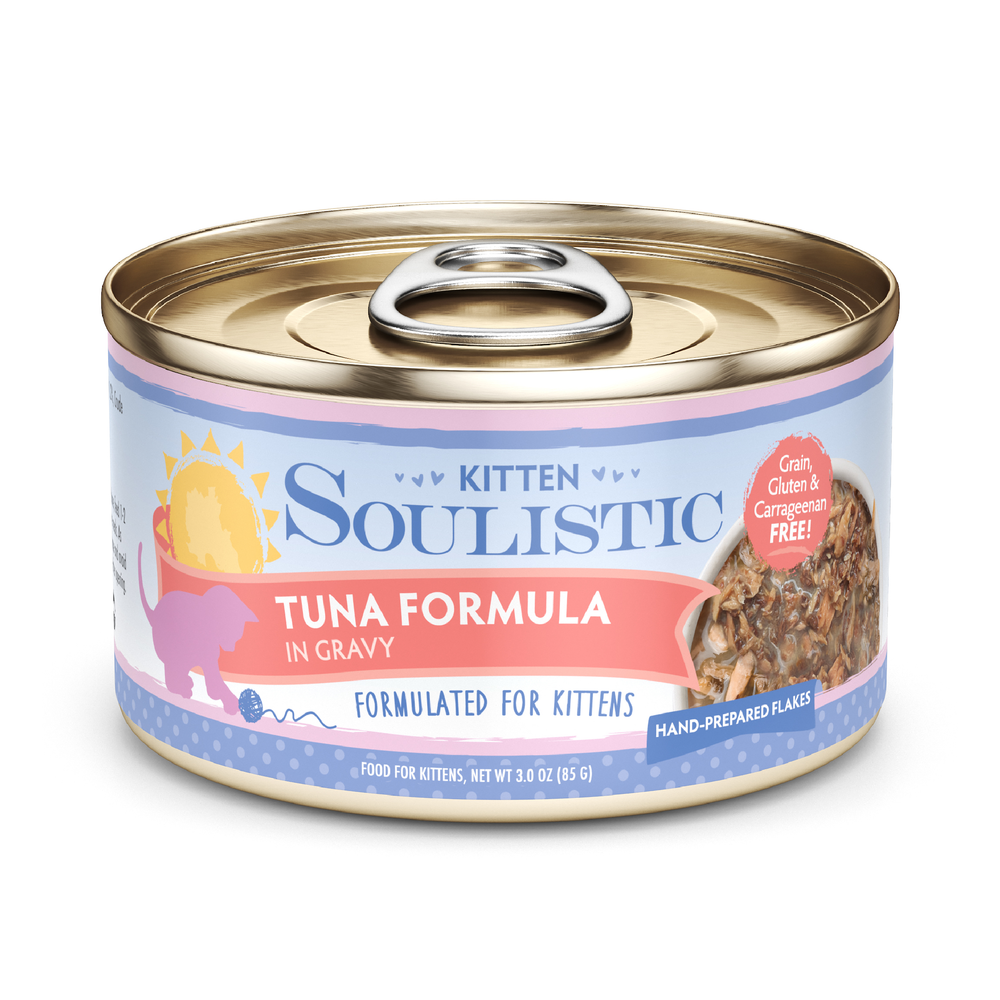 A can of Soulistic Tuna Formula in Gravy kitten food features a purple and blue label with a sun and kitten silhouette, made with wild-caught tuna to support healthy development—plus it’s grain, gluten, and carrageenan free.