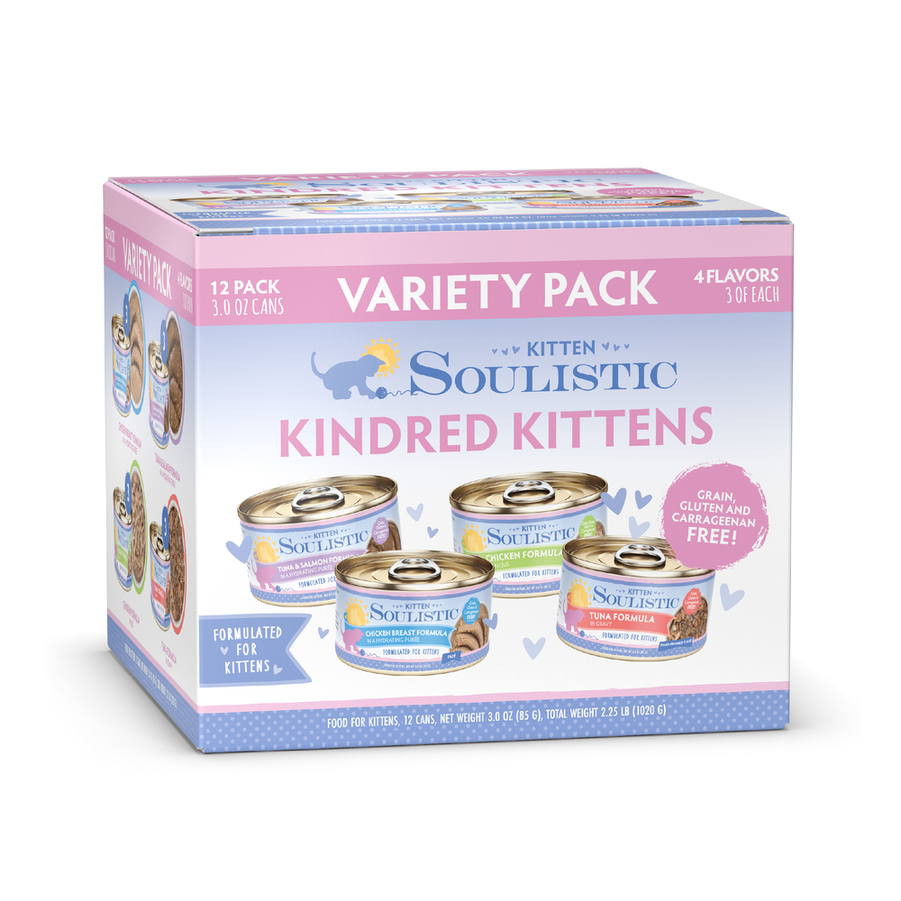 Soulistic Kindred Kittens, a 12-pack canned kitten food variety, offers 4 flavors (3 cans each) for balanced nutrition and healthy growth. The white and purple box features can images and a kitten illustration.