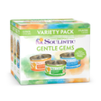 A 12-pack Soulistic Gentle Gems cat food variety box features three flavors—Harvest Sunrise, Good Karma, and Sweet Satuation—in moisture-rich meals with vibrant green and orange packaging accents.
