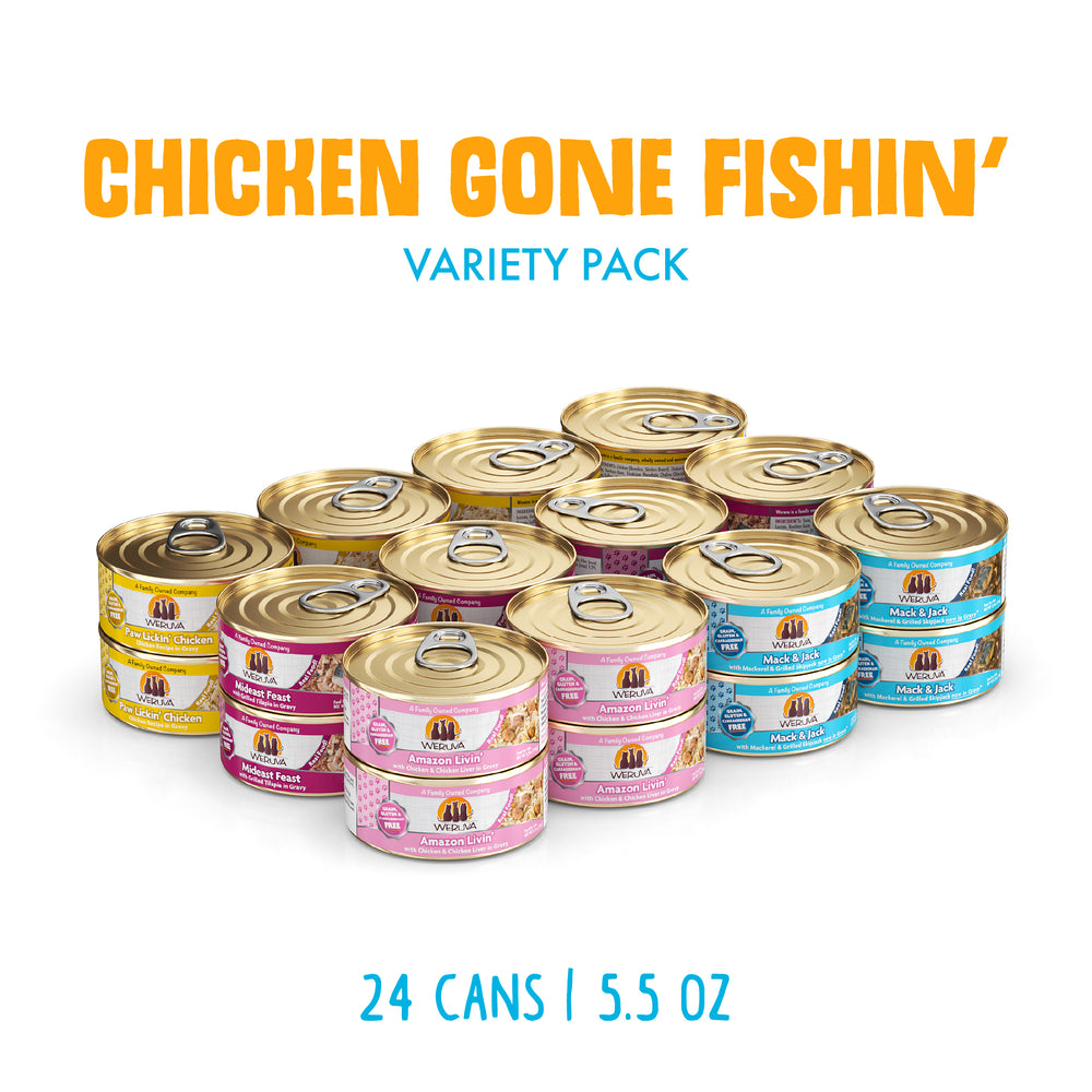 Twelve Weruva Chicken Gone Fishin' cat food cans in assorted flavors are grouped together. The top text says “Chicken Gone Fishin’ Variety Pack,” and the bottom text reads “24 cans | 5.5 oz.”.