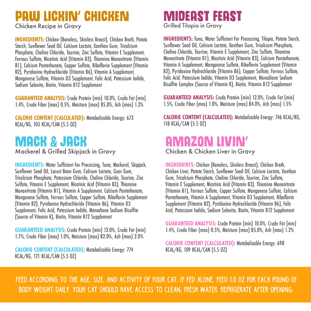 A Weruva pet food label features the Chicken Gone Fishin' recipe, listing ingredients, nutrition facts, calorie info, and feeding guidelines for carnivore cats. Bold colors clearly highlight each section for easy reference.