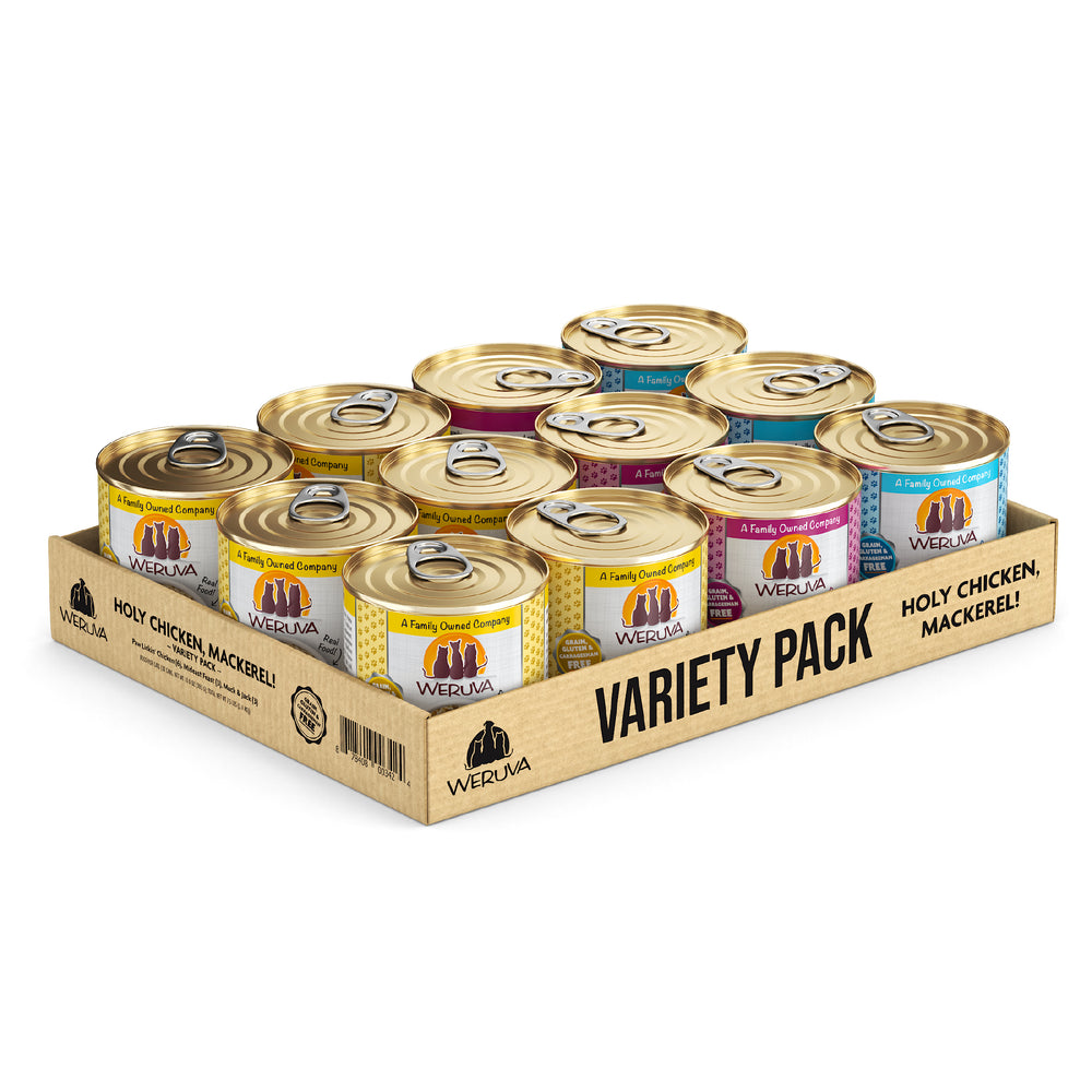 Weruva’s Holy Chicken, Mackerel! offers variety packs of canned food, ideal for tasty chicken recipes or savoring flavorful mackerel.