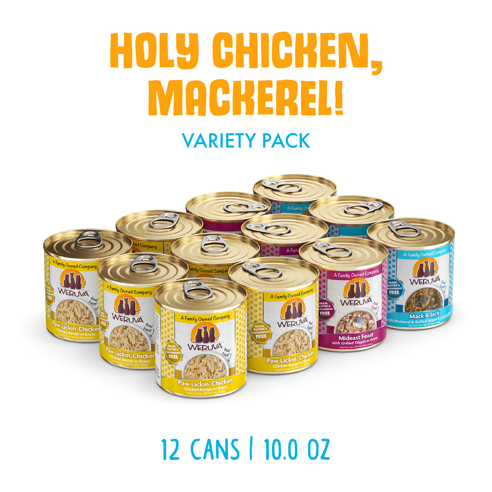 Twelve cans of Weruva’s Holy Chicken, Mackerel! cat food are arranged in two rows, each with colorful labels and gold lids. Text reads: “HOLY CHICKEN, MACKEREL!” above and “12 cans | 10.0 oz.” below—ideal for chicken and mackerel fans.