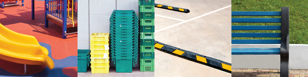 Image of playground cover, plastic pallets, rubber parking bumpers, and park bench