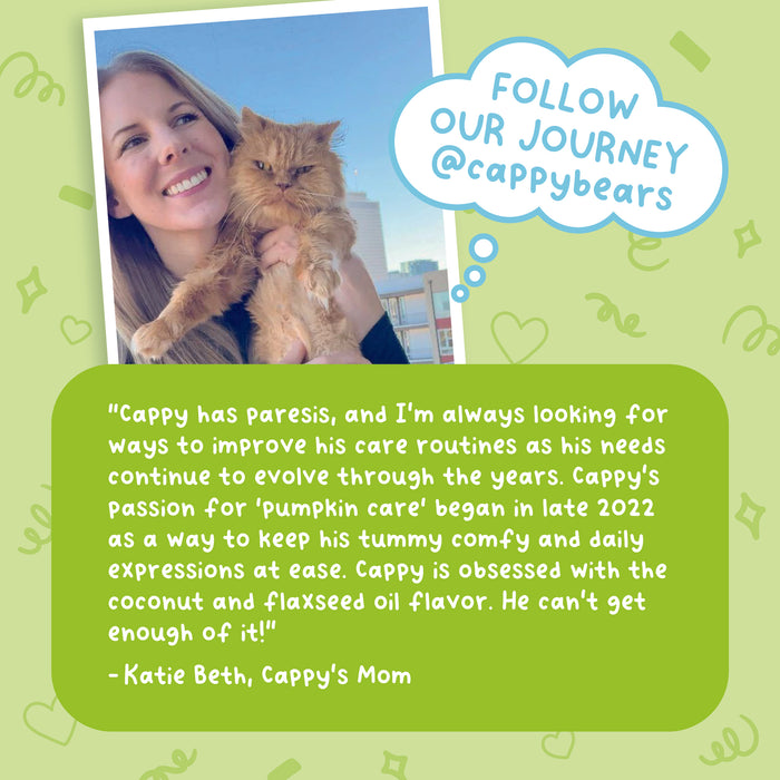 A woman smiles while holding a fluffy, orange cat. A text box describes caring for the cat, Cappy, who has paresis, and his love for pumpkin care. A blue circle invites people to follow @cappybears.