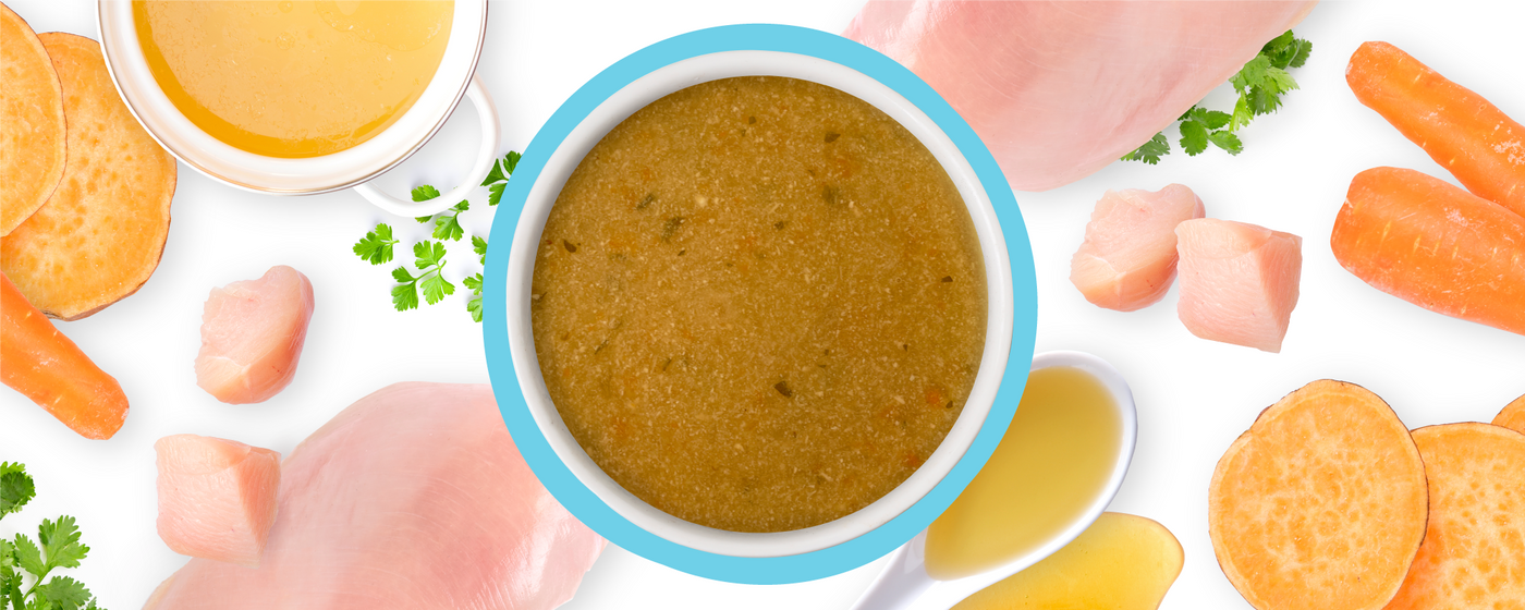 A bowl of brown soup in the center, surrounded by raw chicken breast, sweet potato slices, carrot pieces, parsley, and a cup and spoon of broth, all arranged on a white background.