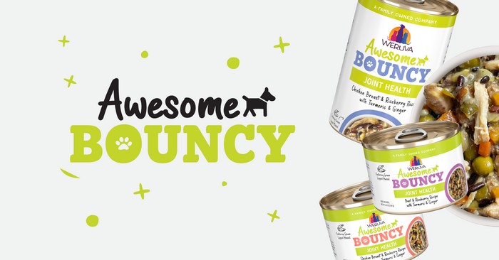Three cans of Weruva Awesome Bouncy Joint Health dog food with chicken, pumpkin, and berries are shown next to a bowl of the food and the product logo on a white background with green accents and small graphic icons.