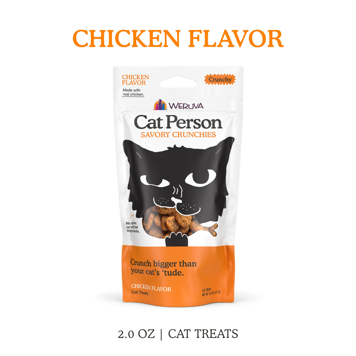 A bag of Cat Person Chicken Savory Crunchies, showing a black cat face illustration with treats visible through a clear window, and orange and black text on white and orange packaging. Perfect crunchy treats for your cat.