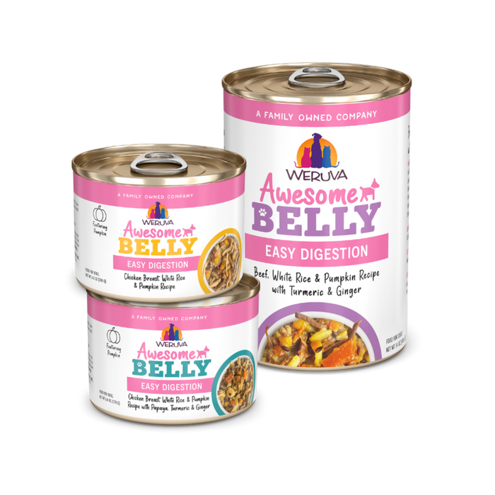 Three cans of Weruva Awesomely Belly Easy Digestion pet food, featuring bright pink and white labels and images of the food. Flavors include beef, chicken, and duck recipes with rice, pumpkin, turmeric, and ginger.
