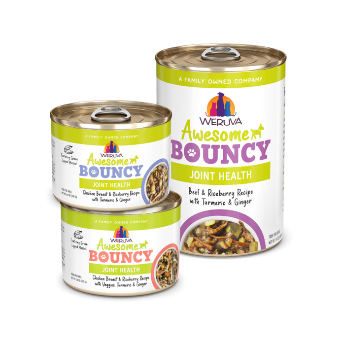 Three cans of Weruva Awesome Bouncy Joint Health pet food are shown, featuring flavors like Chicken Breast & Rosemary and Beef & Rosemary. The labels highlight turmeric, ginger, and joint health benefits.
