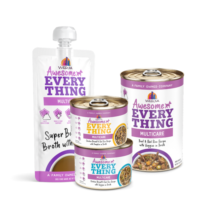 Four Weruva “Awesome Everything” pet food products: a squeeze pouch of Super Beef Broth, two small cans, and one large can, all with purple and yellow labeling, displayed on a white background.