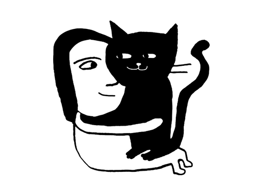 Minimalist black and white illustration of a person hugging a cat, with the cat sitting on their lap and partially overlapping the persons face, creating a playful, abstract effect.