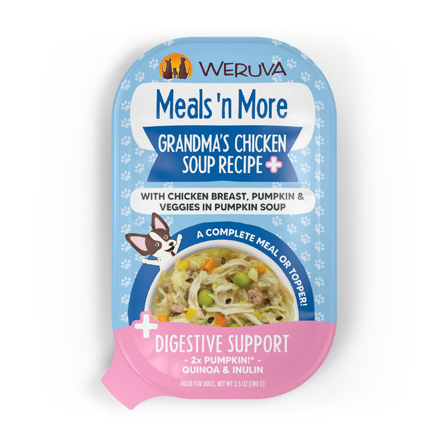 Weruva Grandma’s Chicken Soup Recipe Plus dog food pouch features real white meat chicken, veggies, and pumpkin in a savory soup to support gentle digestion. The product comes in blue and pink packaging decorated with a cartoon dog and clear product details.