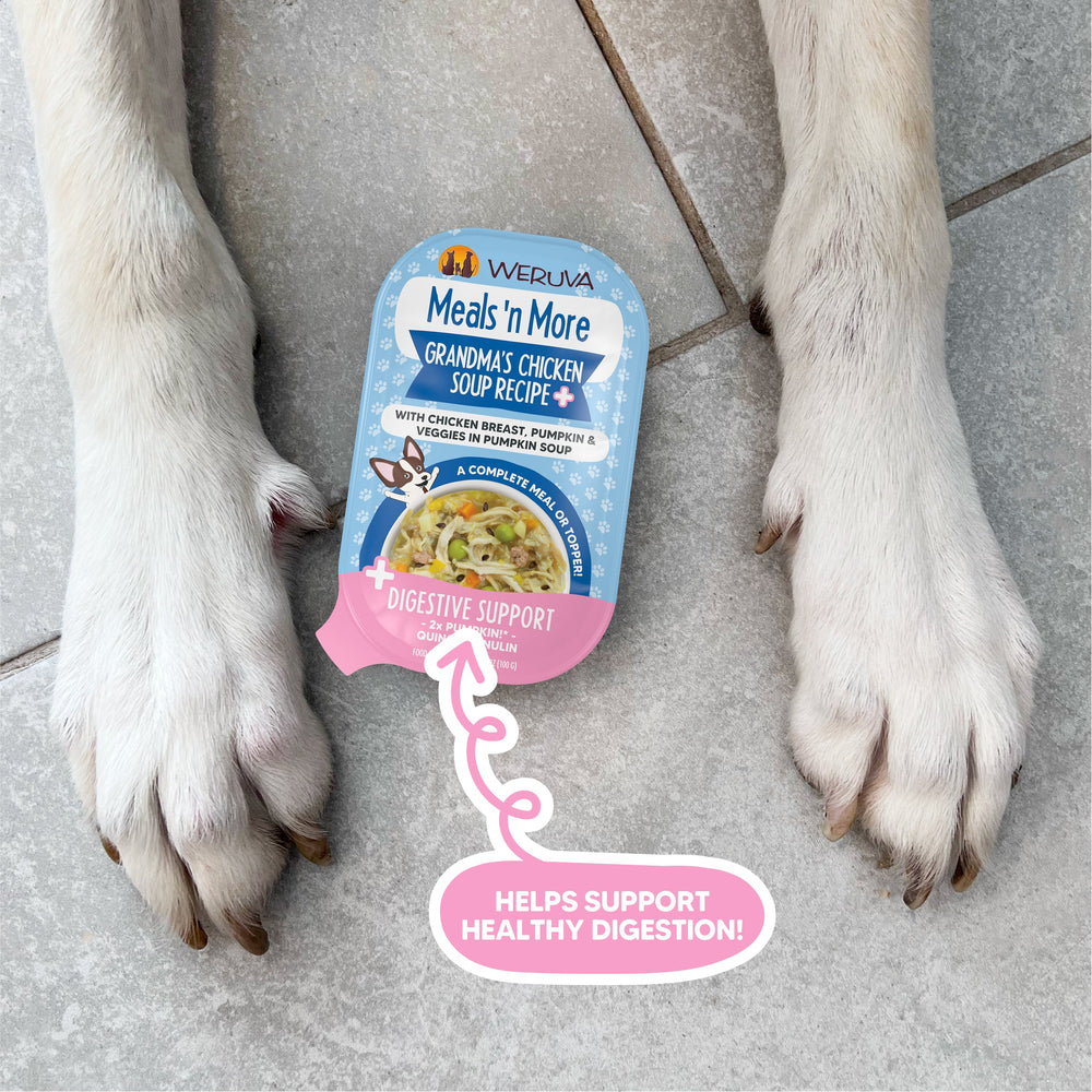 A packet of Weruva Grandma's Chicken Soup Recipe Plus dog food sits between a dog's front paws on a tiled floor, with text emphasizing digestive support and healthy digestion benefits.