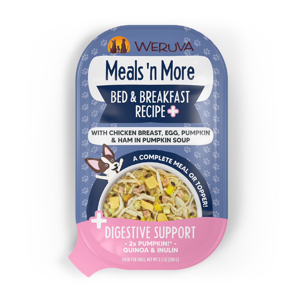Weruva Bed and Breakfast Recipe Plus dog food, in a purple and pink pack, features boneless skinless chicken breast, egg, pumpkin, and ham in pumpkin soup for digestive support—a complete meal for your dog.