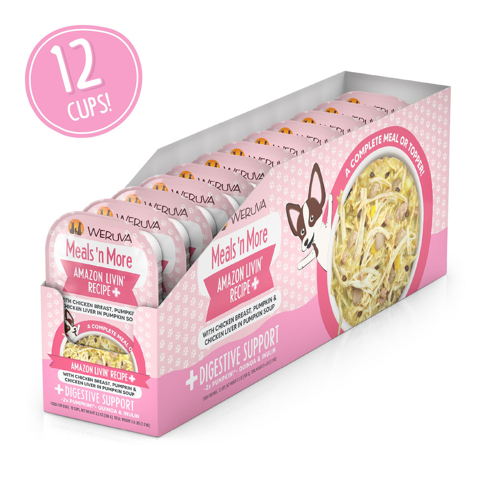 A display box with 12 cups of Weruva Amazon Livin' Recipe Plus cat food, featuring boneless chicken and pumpkin, labeled for digestive support and as a complete meal or topper.