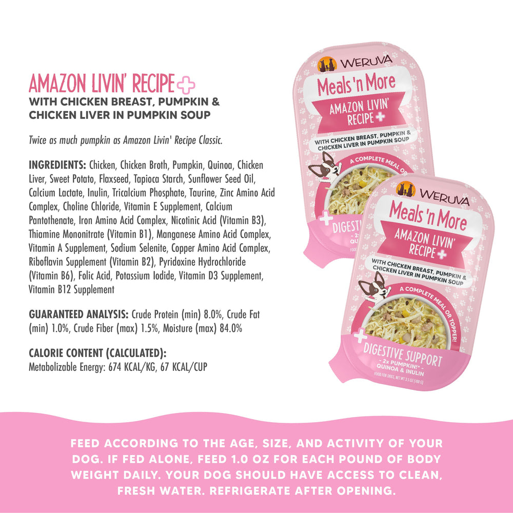 Weruva Amazon Livin' Recipe Plus cat food packaging shows a bowl of stew with boneless chicken and pumpkin. White and pink text highlights ingredients, feeding directions, guaranteed analysis, and calorie content.