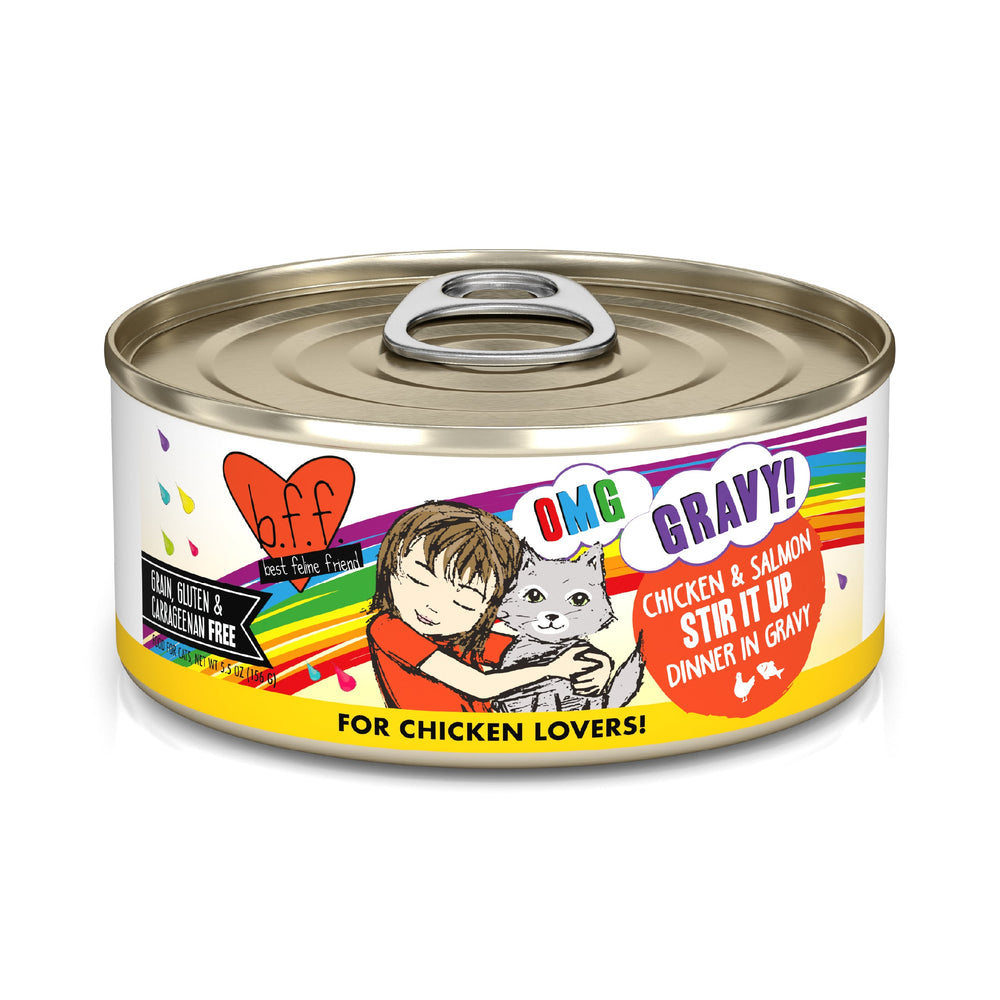 A can of BFF Best Feline Friend Chicken & Salmon Stir It Up cat food features cage-free chicken and wild-caught salmon in gravy. This gluten- and carrageenan-free meal is perfect for cats who love savory, wholesome flavors.