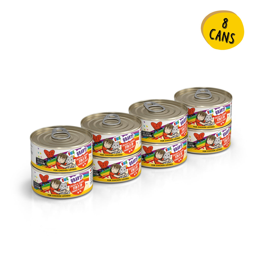 Eight cans of BFF Best Feline Friend Chicken & Salmon Stir It Up are stacked in two rows, each can showing a colorful label with cartoon kids, veggies, and a drumstick. The yellow circle in the corner reads "8 CANS." Perfect for gravy-loving cats.
