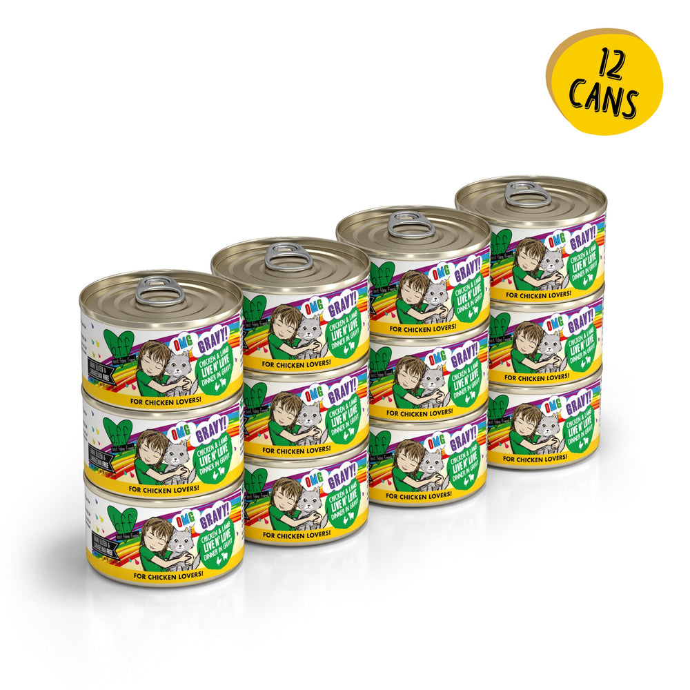 Twelve cans of BFF Best Feline Friend Chicken & Lamb Live N’ Love are stacked in three rows of four. Colorful labels show a cartoon person, chickens, and veggies, highlighting cage-free chicken. A yellow circle at the top right says 12 cans.