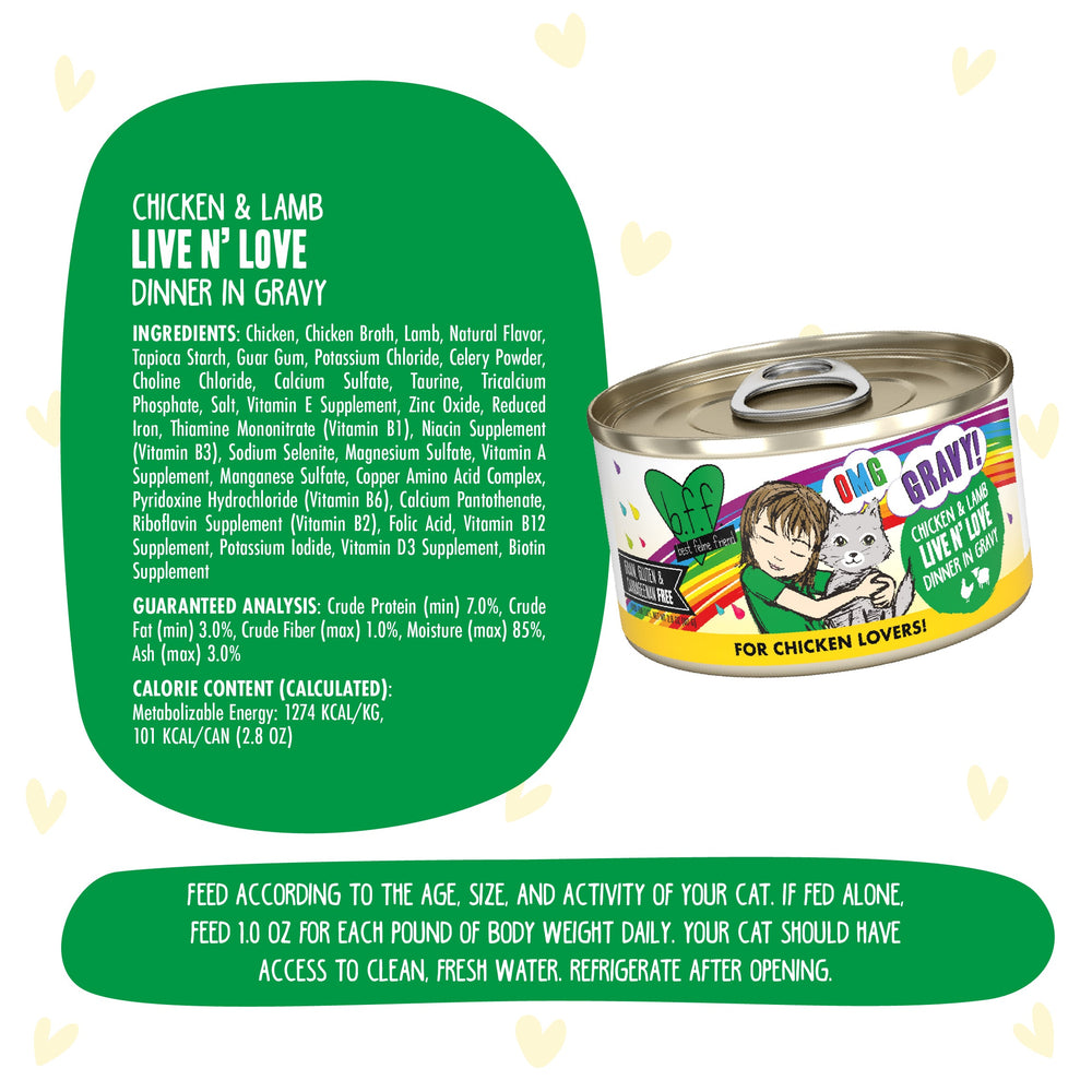 A can of BFF Best Feline Friend Chicken & Lamb Live N' Love cat food is shown, featuring ingredients, nutrition facts, feeding guide, and a cartoon of a cat lover hugging a cat on the label, accented with yellow hearts.