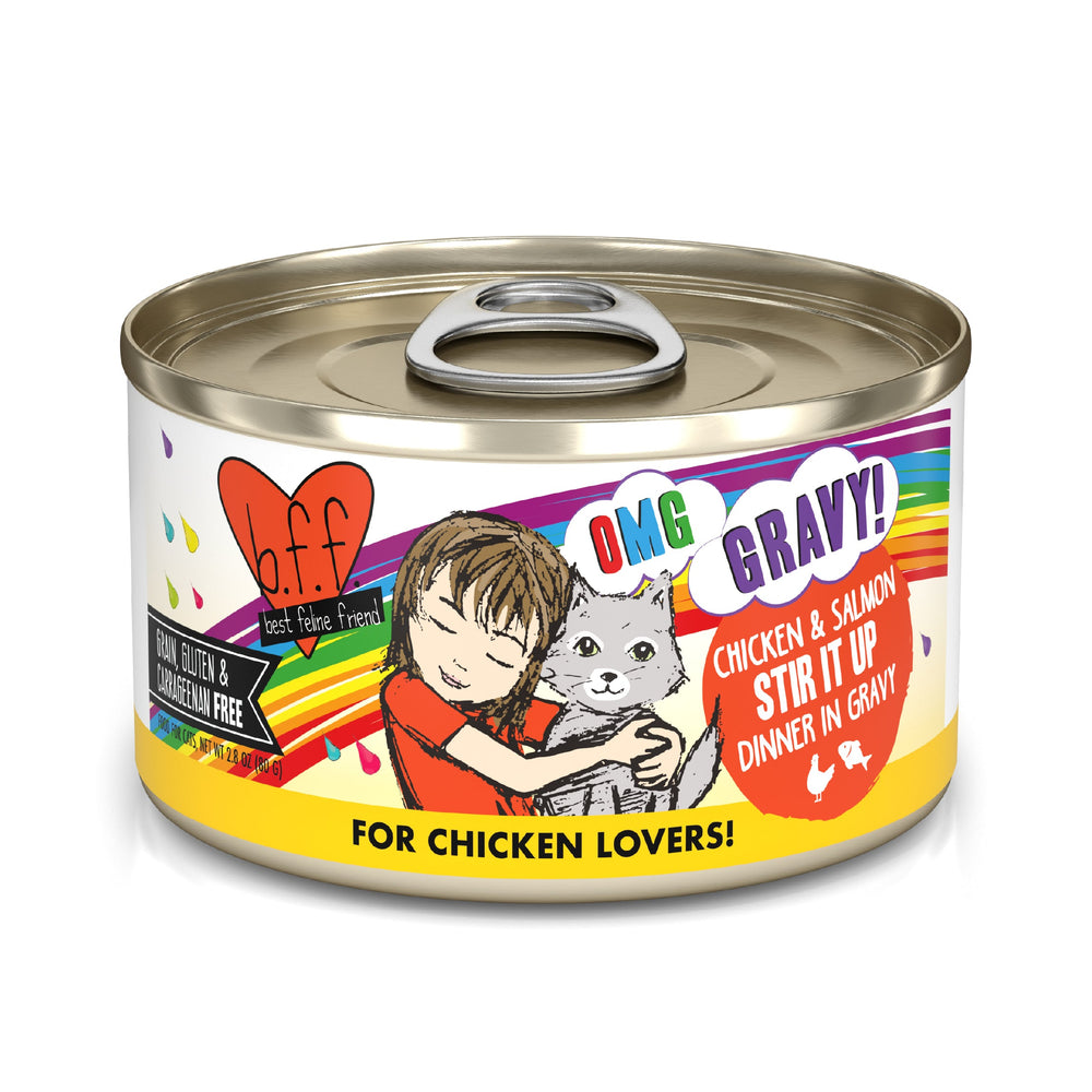 BFF Best Feline Friend Chicken & Salmon Stir It Up features cage-free chicken and wild-caught salmon in gravy. It's grain, gluten & carrageenan free—ideal for gravy-loving cats. Packaging shows a girl hugging her gray cat.