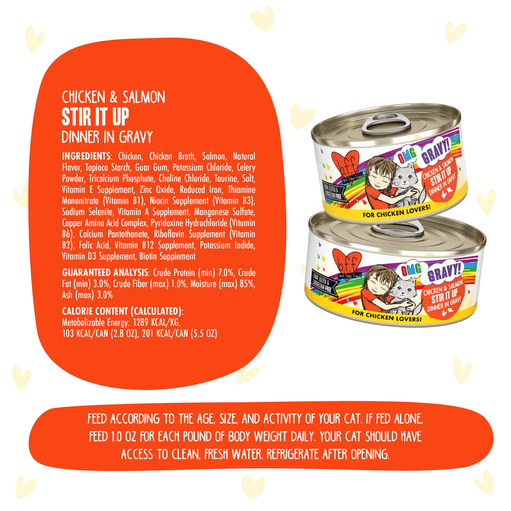 Two cans of BFF Best Feline Friend Chicken & Salmon Stir It Up for gravy-loving cats are shown, with ingredients, guaranteed analysis, calorie content, and feeding instructions on an orange background.