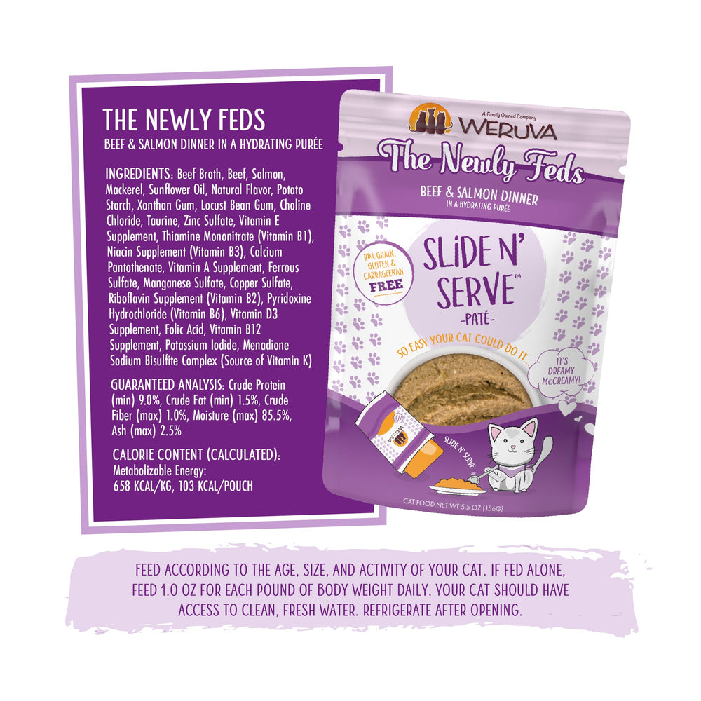 The Newly Feds by Weruva comes in a purple and white package with text, featuring grain-free ingredients.