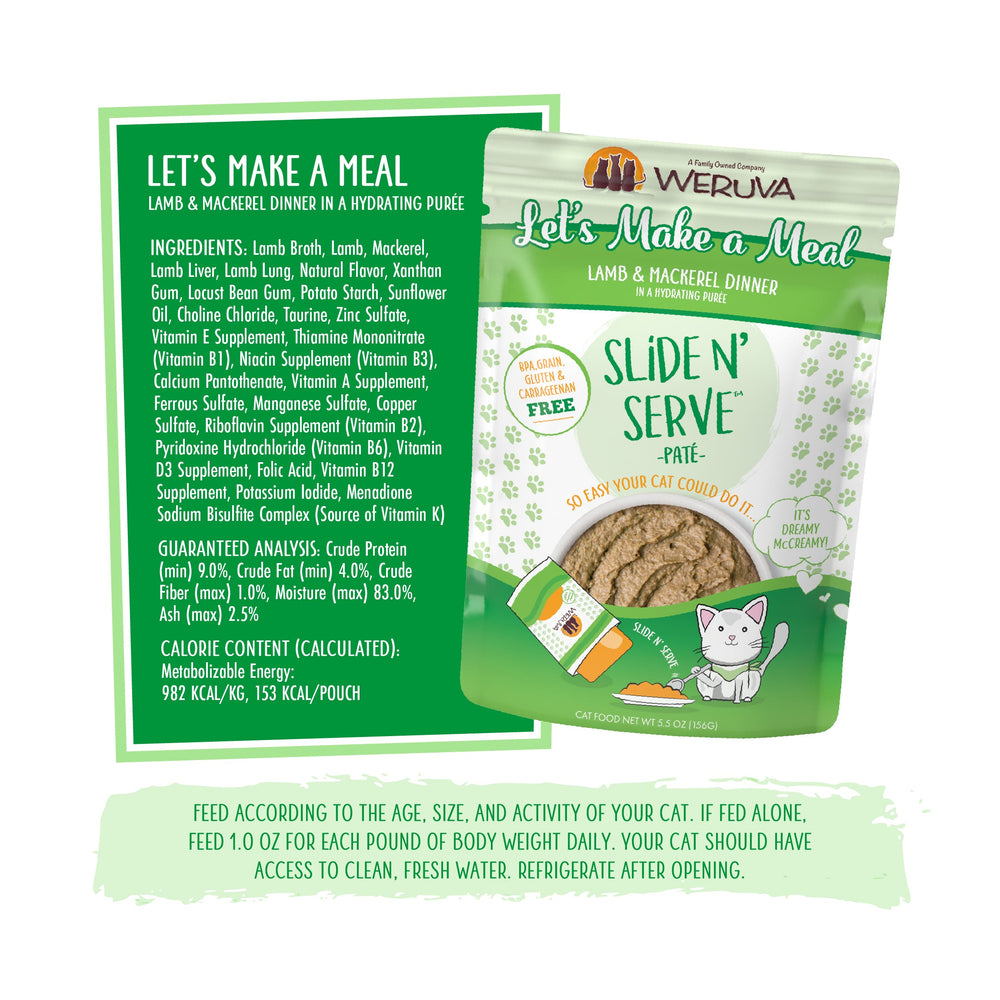 Weruva Let's Make a Meal cat food pouch offers grass-fed lamb and wild-caught mackerel in a hydrating, grain-free pâté. Nutritional info, ingredients, and feeding guidelines appear next to the green package.
