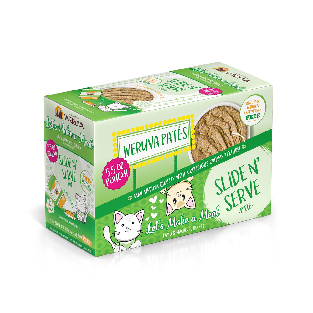 A box of Weruva Let’s Make a Meal cat food, 5.5 oz pouch, grain free with wild-caught mackerel and grass-fed lamb; features product images, a bowl of food, and playful cat illustrations on a green and yellow background.