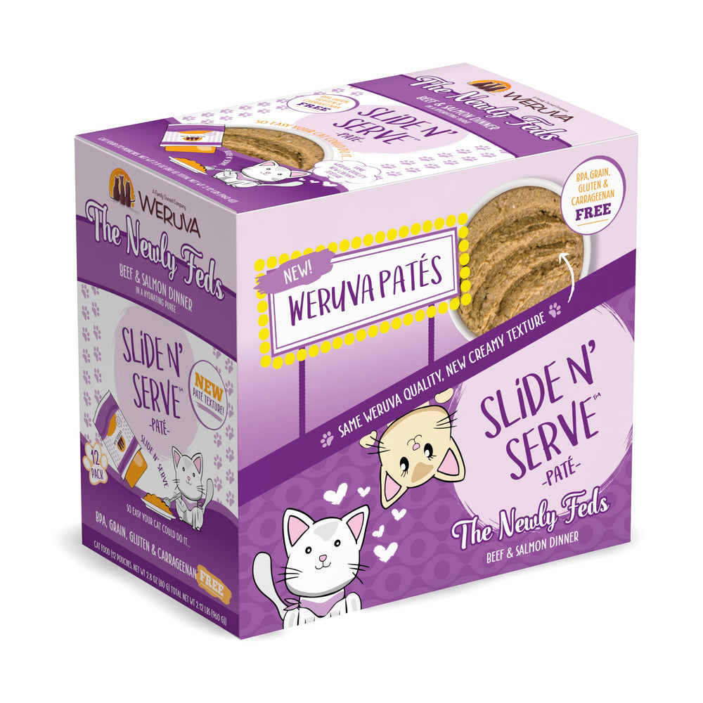 A box of Weruva The Newly Feds Slide N’ Serve Paté cat food, featuring beef & salmon dinner, creamy texture, grain-free formula with grass-fed beef and wild-caught salmon, no carrageenan, plus product images and cartoon cats.