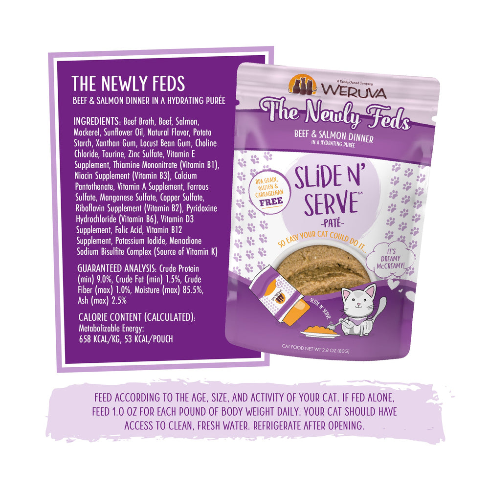 A purple pouch of Weruva The Newly Feds cat food is shown, with nutrition facts, feeding instructions, and cartoon cat illustrations beside it.